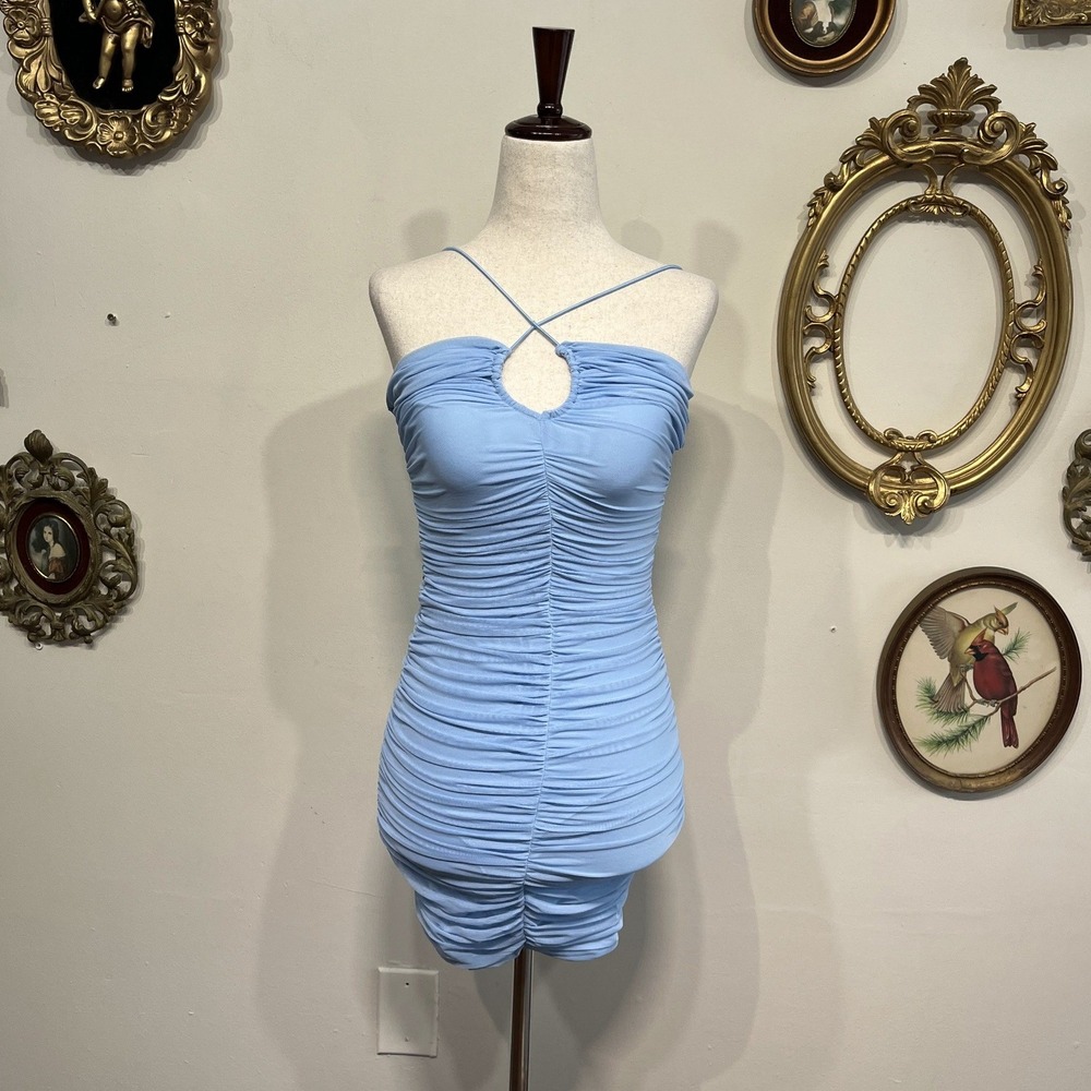 Oh Polly Baby Blue Ruched Bodycon Mini Dress - US 4